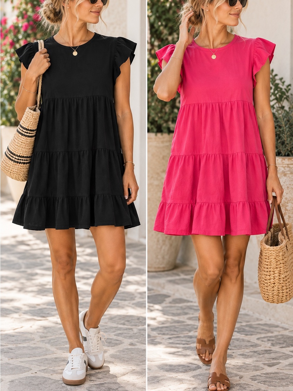 J.Crew Women M Tiered Cotton Dress Bundle Black Pink Ruffle Sleeve Casual Mini